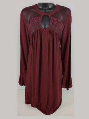Hint of Mint Womens L Burgundy Boho Sheer Lace Top Flare Wrist Long Sleeve Dress